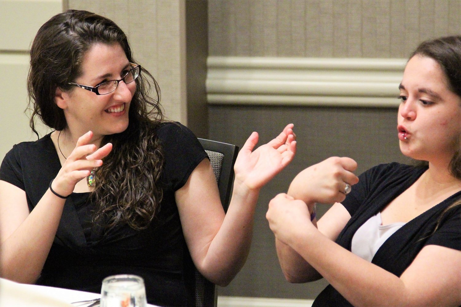 Two people communicating in sign language